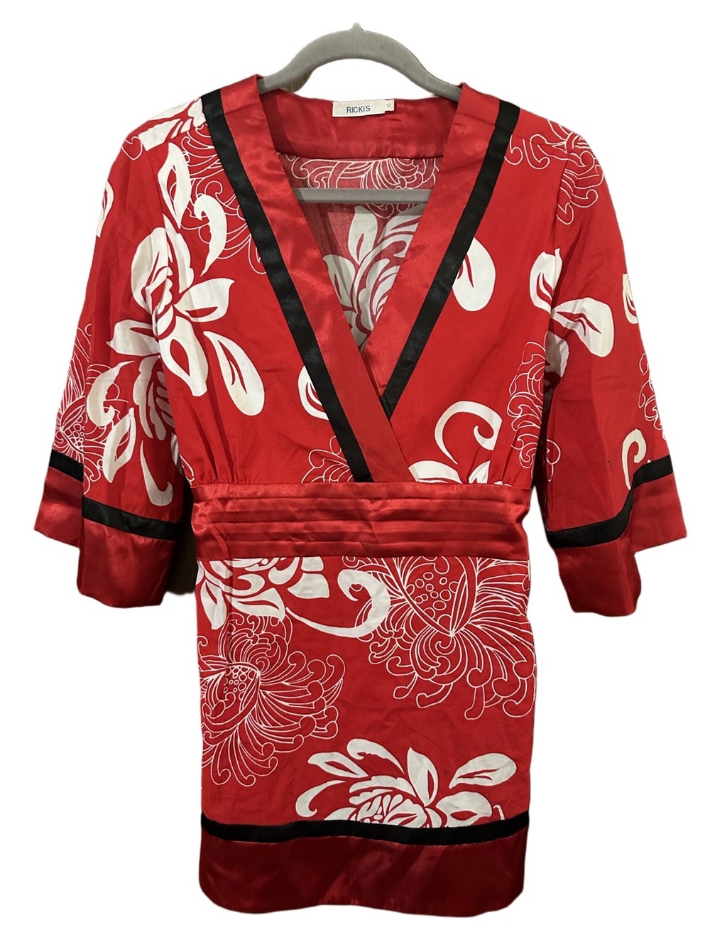 Ricki's Red & White Floral Wrap Kimono Tunic with Black & Red Trim Size 12